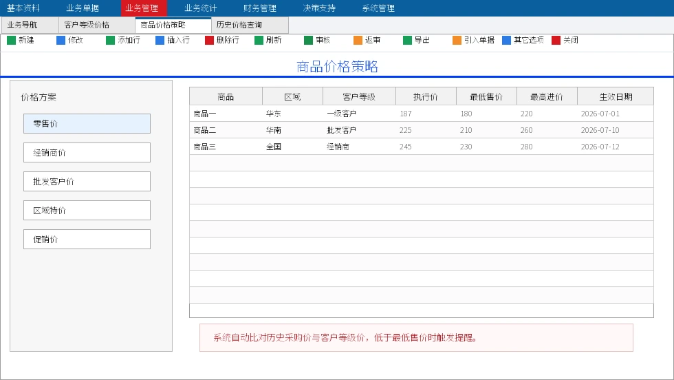 卓越 ERP 商品价格策略与客户等级价格软件界面截图