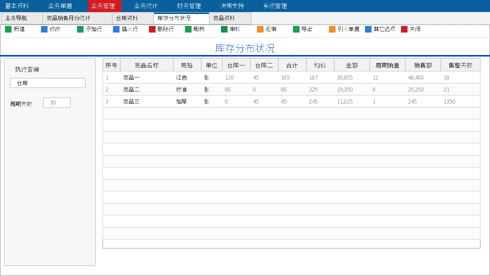 卓越 ERP 库存分布与多仓库存软件界面截图